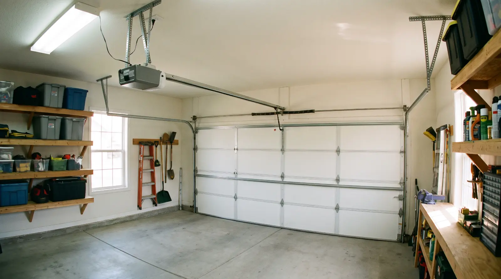 Belt-drive garage door opener on a garage ceiling