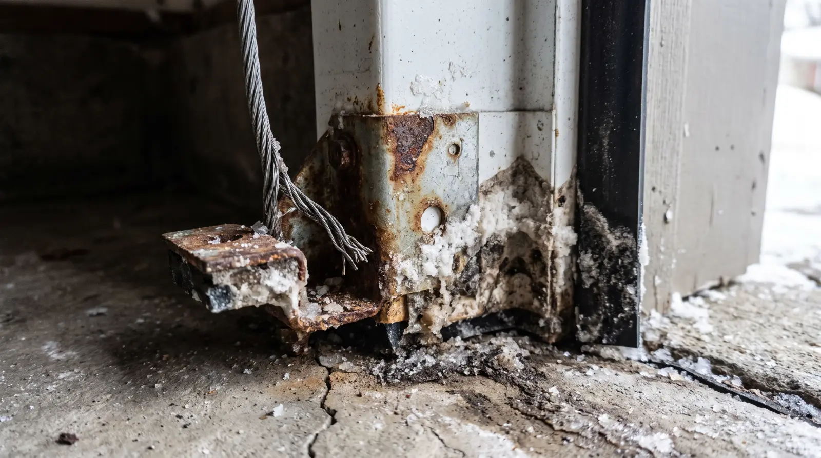 Rusted garage door bottom bracket with a frayed lift cable and road salt stains