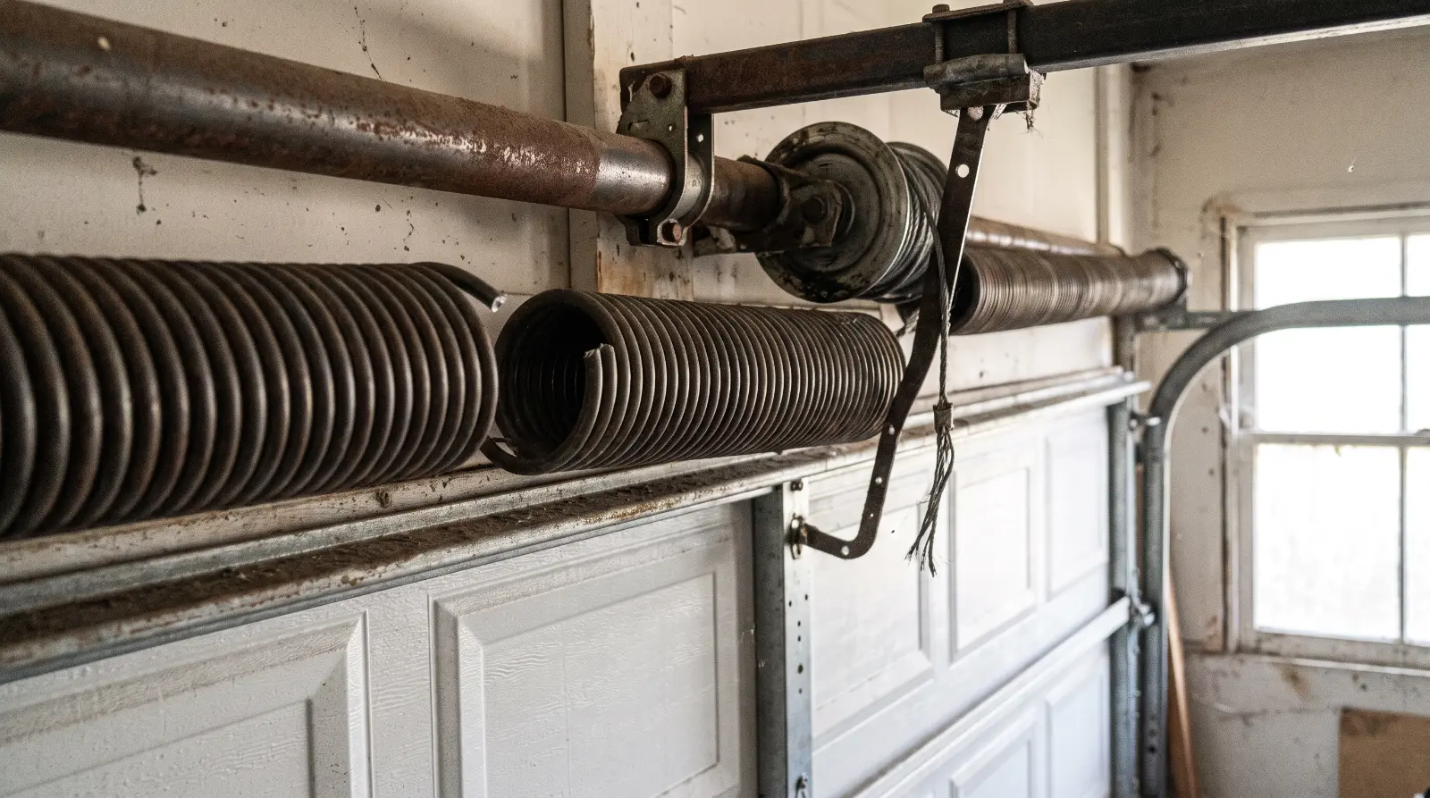 Close-up of a torsion spring mounted above a garage door