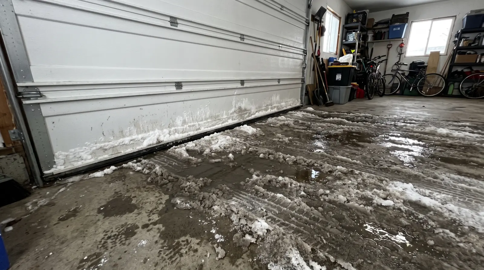 Road salt slush and salt stains on a garage floor in front of a closed garage door